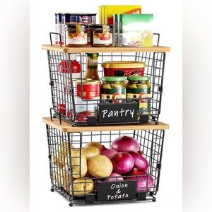 2 Set Large Stackable Wire Basket with Bamboo Tops & Tag